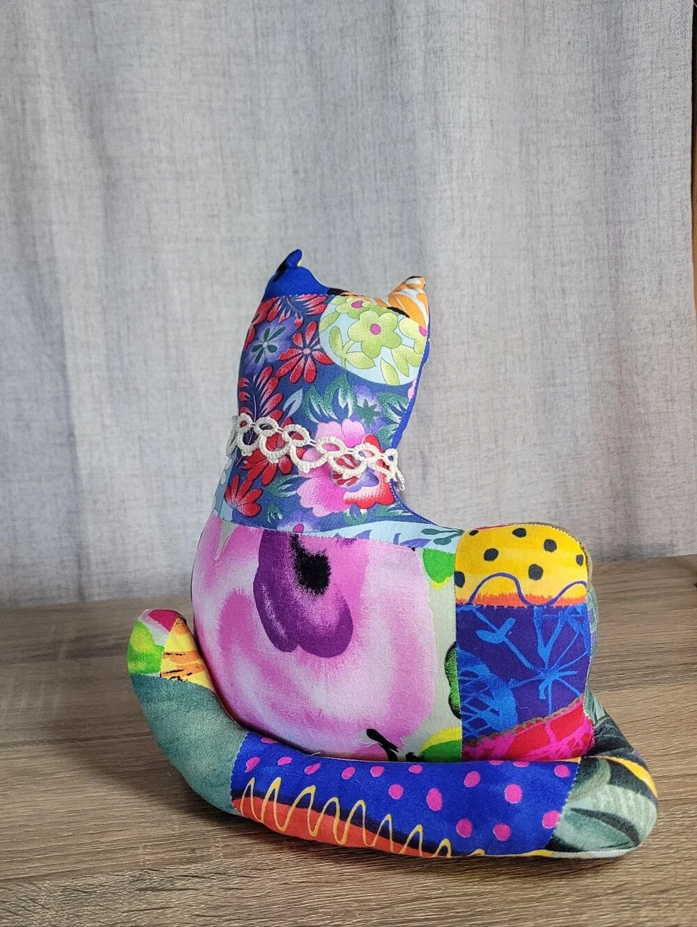Vintage Handmade Multicolor Patchwork Cat Decorative - Home Accents 80s